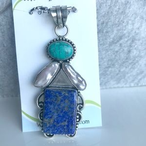 Turquoise / Lapis / Biwa Pearl Silver Pendant